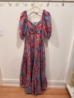 Cara Cara Blue Maxi Dress with Red Floral Print